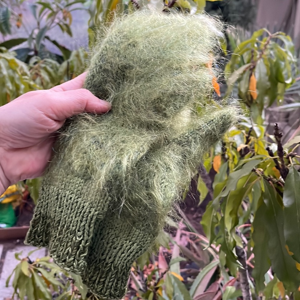 Light olive green hand knitted wool/mohair mittens